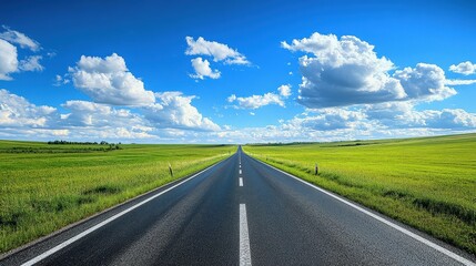 Fototapeta premium Wide open road leading into the horizon with clear blue sky and white clouds