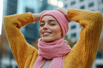 Latina woman, fighting breast cancer, wears a pink scarf, and clenches her arms as a survivor fighter