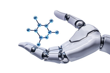 Robotic hand holding molecular structure isolated on transparent background.