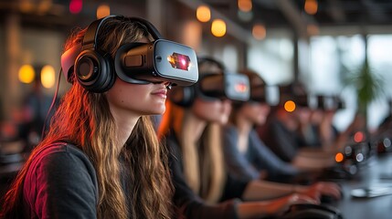 Obraz premium Immersive Virtual Reality Experience: Group of People Wearing VR Headsets