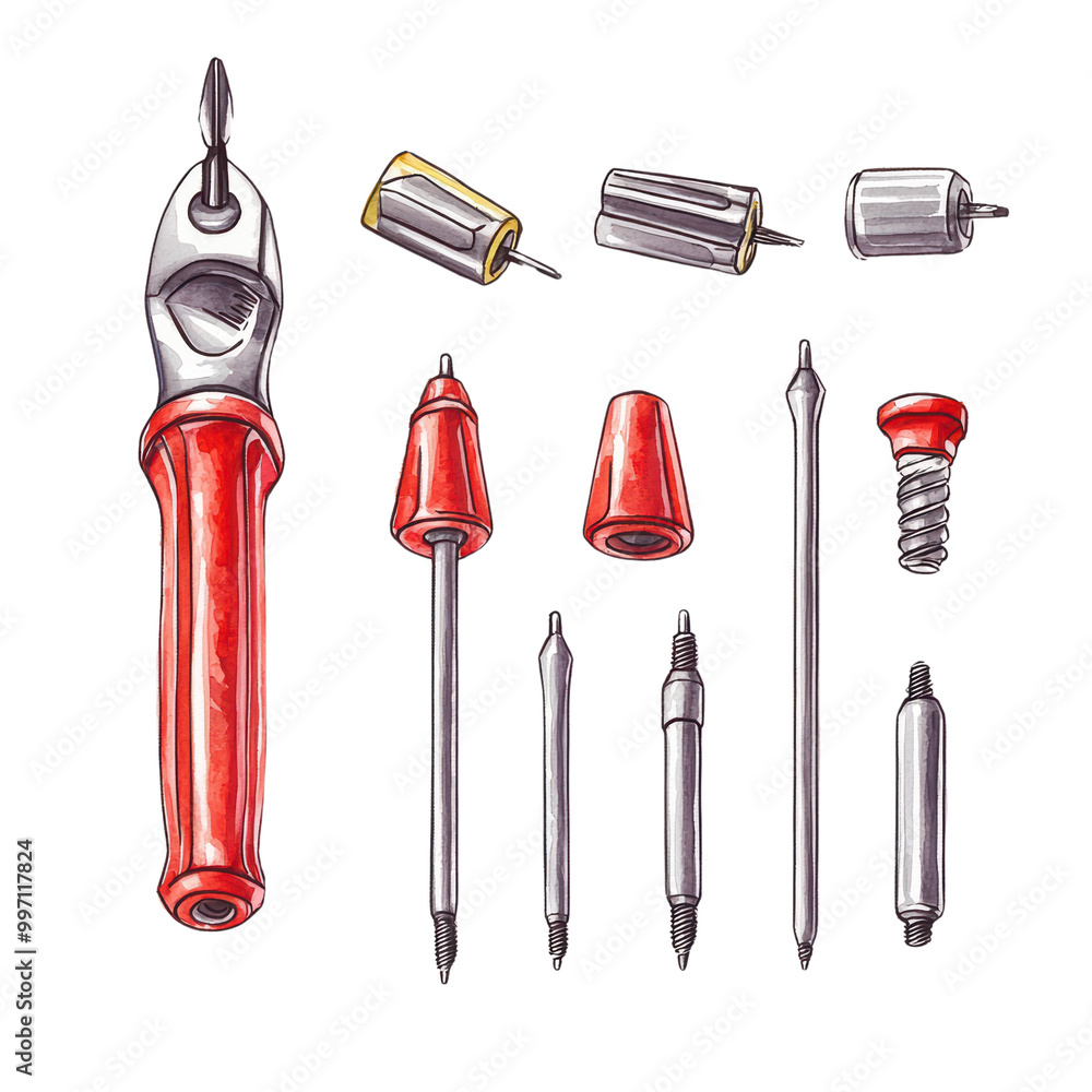 Poster screwdriver and assorted tool bits isolated on transparent background.