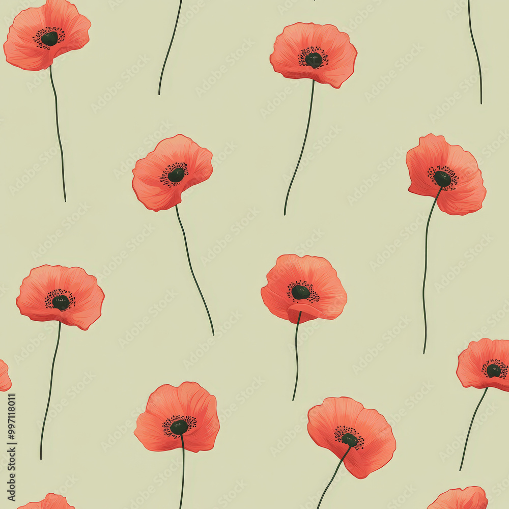 Poster small red poppies in a flat design style arranged in a repeating pattern on a soft pastel green back