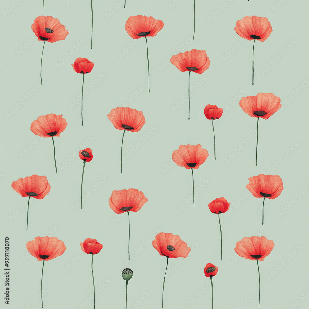 Poster small red poppies in a flat design style arranged in a repeating pattern on a soft pastel green back