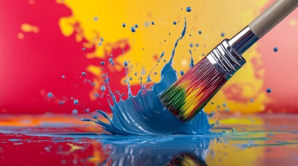 Fototapeta premium A lively scene depicts a brush painted with rainbow colors creating a dramatic splash of blue paint on a vibrant red and yellow background, capturing motion and creativity.