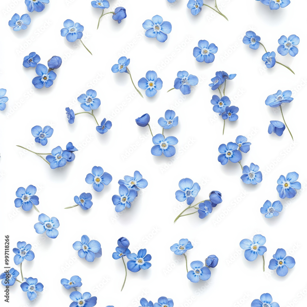 Poster a pattern of tiny blue forget-me-not flowers in a flat design scattered across a white background, f