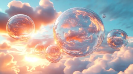 This image features large, reflective bubbles floating against a vibrant and colorful sky filled with beautifully lit cloud formations, creating a dreamy and surreal atmosphere.