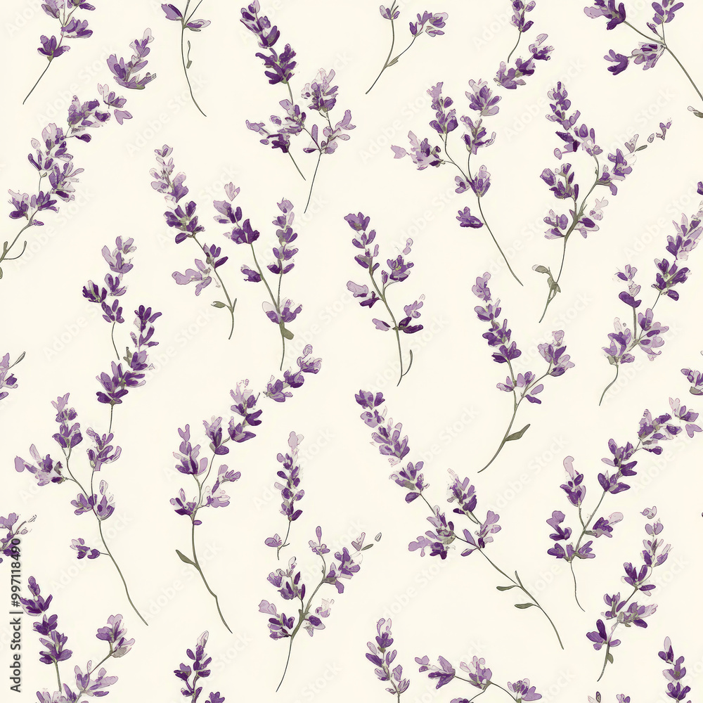 Poster small lavender flowers arranged in a repeating flat pattern on a light cream background, creating a 