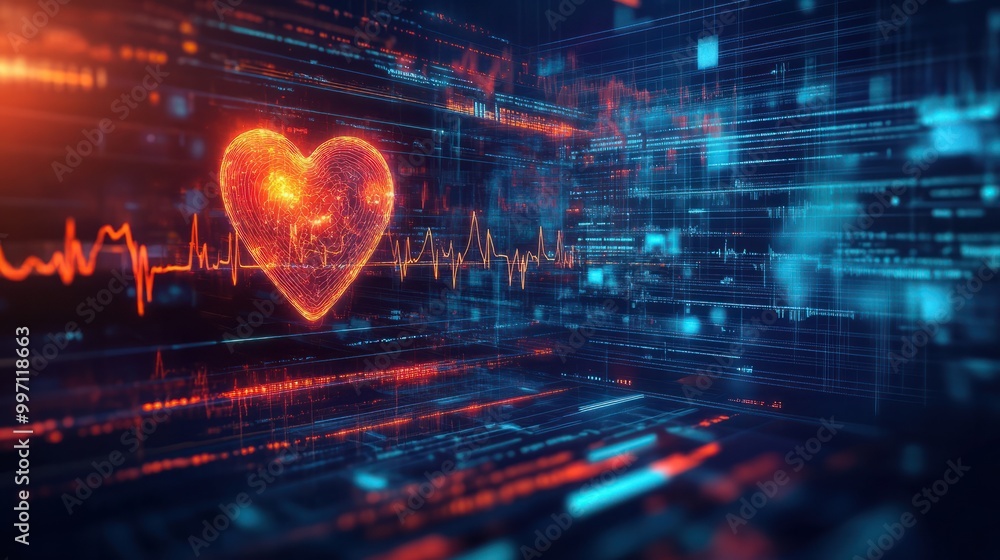 Poster energetic heartbeat on tech interface, vibrant representation of a heartbeat pulses across a high-te