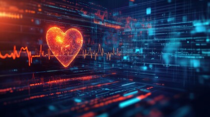 Energetic Heartbeat on Tech Interface, vibrant representation of a heartbeat pulses across a high-tech digital interface, illustrating concepts of health technology and data analytics
