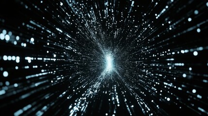 Fototapeta premium This captivating image features a mesmerizing array of dynamic light particles converging towards the center, forming a striking tunnel-like effect against a dark background.