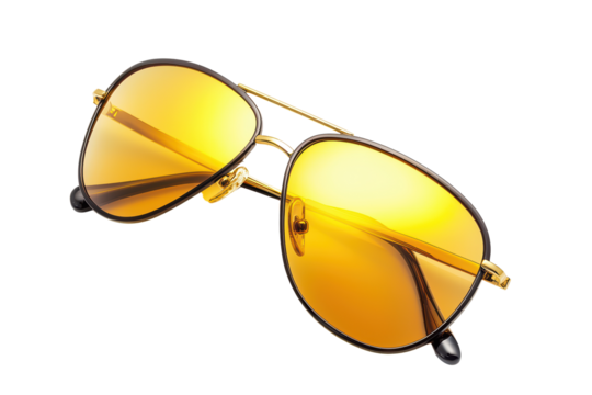 Stylish sunglasses with yellow lenses isolated on transparent background.