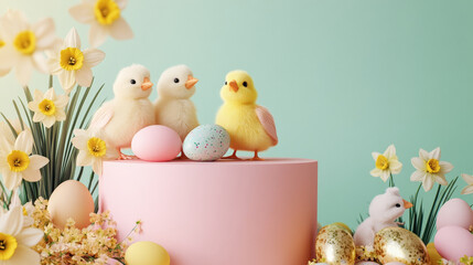 A podium surrounded by golden and pastel Easter eggs, fluffy chicks, and blooming daffodils, perfect for an Easter display.