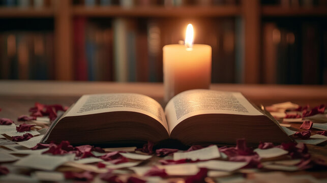 A podium with an open book, scattered pages, and a lit candle, creating a warm, inviting space for Book Lovers Day.