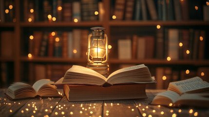 A podium decorated with literary quotes, open books, and a soft, glowing lamp, creating a serene and inspiring atmosphere for Book Lovers Day.