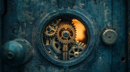 Fototapeta premium A detailed close-up view of complex interlocking gears inside an industrial mechanism, showcasing the precision and intricate engineering involved in machinery functionality.