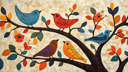 Obraz premium Brightly colored traditional Gond folk art from India of birds in a tree on a textured background.