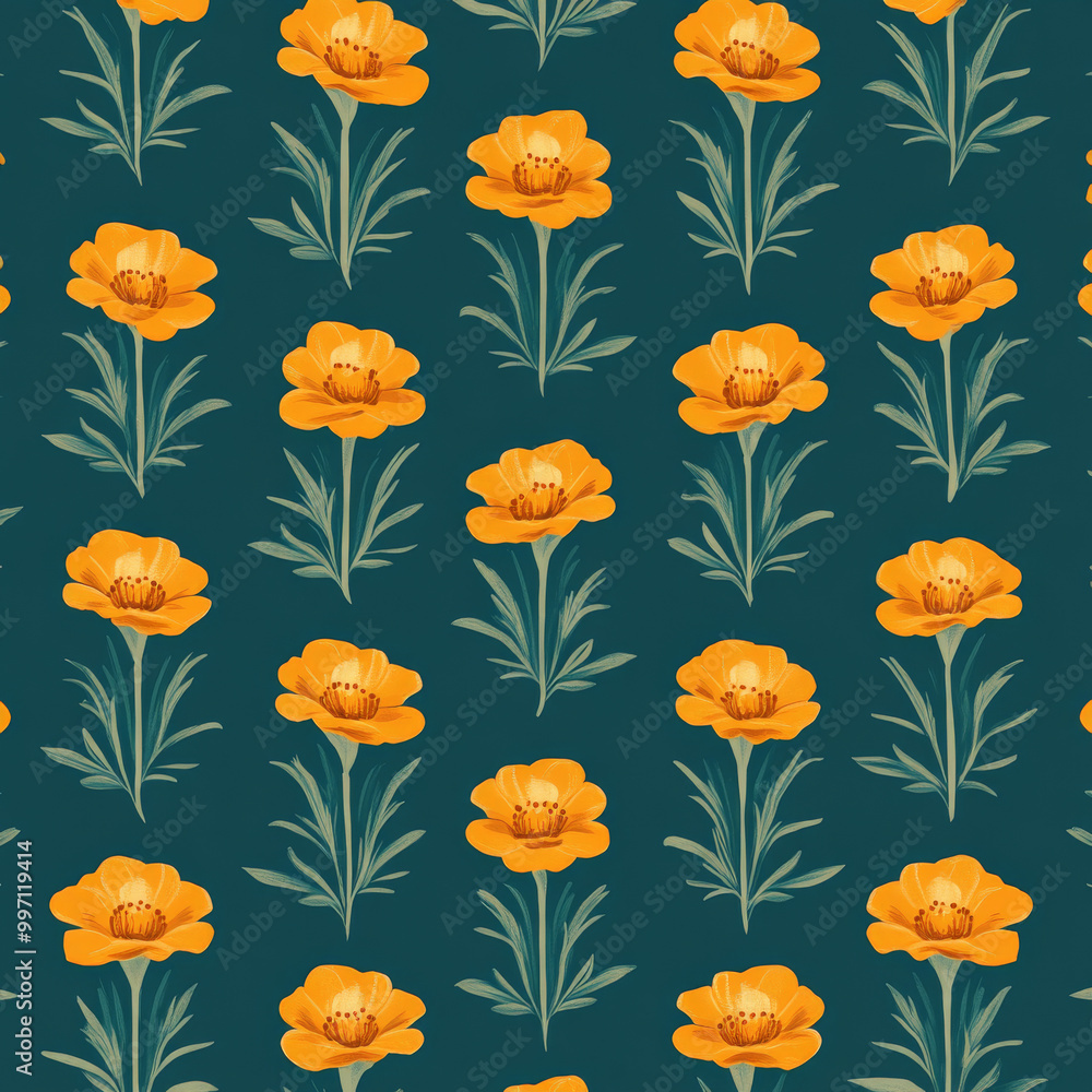 Poster small orange marigolds in flat design style, arranged in a repeating pattern on a deep teal backgrou