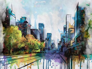 Obraz premium A watercolor painting of New York City with low detail and wet paint. The painting has watercolor drips and the paint is fading to the edge. 