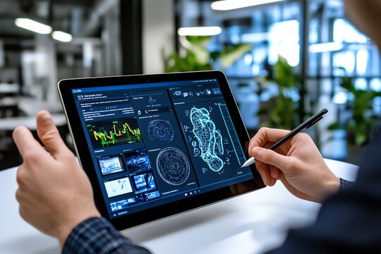 A person reviewing e-learning video tutorials on a tablet, with detailed content covering various subjects