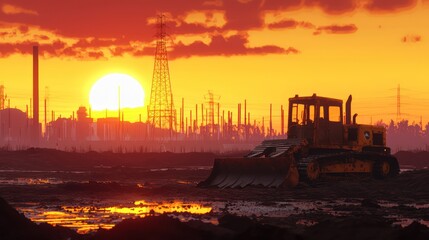 A vibrant sunset casts golden hues over an industrial site where a bulldozer digs diligently.