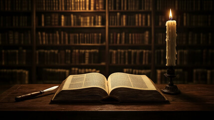 Obraz premium A podium with an open book, quill, and candle, set against a dimly lit room with towering bookshelves for Book Lovers Day.