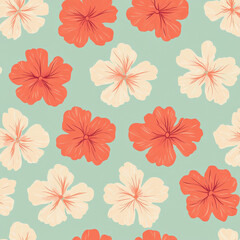 A flat design pattern of small hibiscus flowers in shades of coral and peach, arranged on a pale turquoise background, creating a tropical and fresh vibe.
