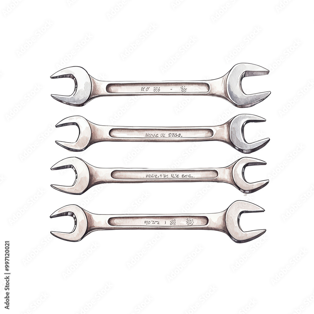 Poster wrenches arranged in a row isolated on transparent background.