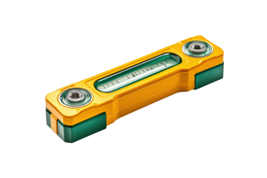 Yellow level tool with green ends isolated on transparent background.