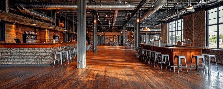 An expansive industrial event space with wooden floors, high metal ceilings, and a bar area with steel stools and brick accents