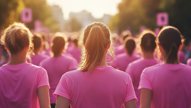 Group of people wearing pink shirts participating in a charity run or walk.