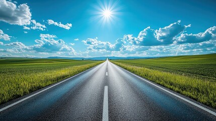 Fototapeta premium Wide open road leading into the horizon with clear blue sky and white clouds