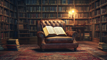 A podium with an open book, warm lighting, and a comfortable chair, set against a peaceful library backdrop for Book Lovers Day.