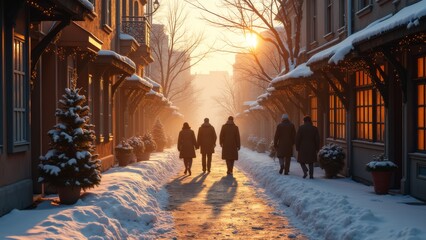 Generative AI, a couple of people walking down a snow covered street next to buildings and trees with lights on them and a sun setting in the distance, winter, a stock photo, art photography
