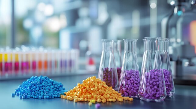 several dyed plastic polymer granulates in laboratory