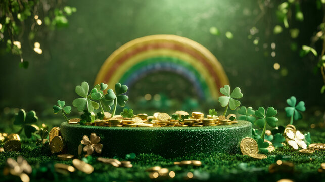 A podium adorned with green and gold Irish-themed decorations, with shamrocks, rainbows, and lucky coins for a festive Saint Patrickâ€™s Day display.