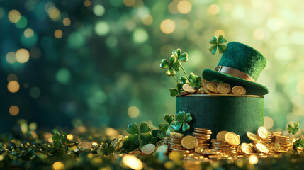 A podium with shamrocks, leprechaun hats, and gold coins, set in a lively green and gold setting for a vibrant Saint Patrickâ€™s Day display.