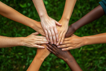 Mãos entrelaçadas em um gesto de união, celebrando a diversidade e a força da comunidade. A imagem transmite esperança, solidariedade e a beleza da conexão humana