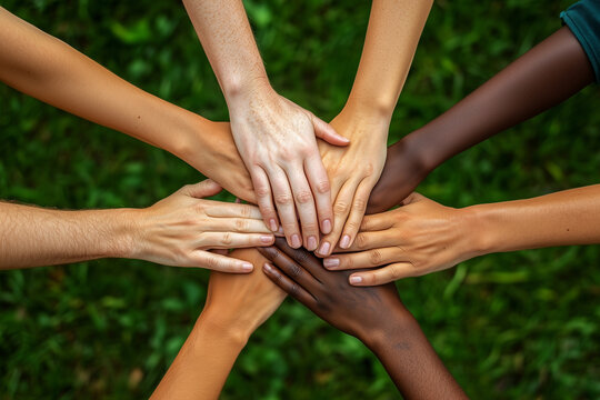M&atilde;os entrela&ccedil;adas em um gesto de uni&atilde;o, celebrando a diversidade e a for&ccedil;a da comunidade. A imagem transmite esperan&ccedil;a, solidariedade e a beleza da conex&atilde;o humana