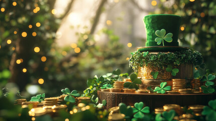 A podium adorned with shamrock garlands, gold coins, and green top hats, creating a lively scene for a Saint Patrickâ€™s Day celebration.