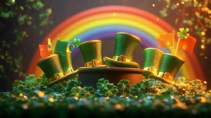 A podium adorned with green top hats, golden clovers, and Irish flags, set in front of a glowing rainbow for a Saint Patrickâ€™s Day celebration.