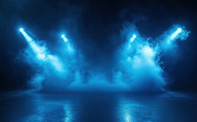 Blue spotlights illuminating an empty stage with smoke. AI generated image