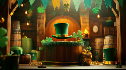 A podium surrounded by Irish flags, green top hats, and shamrock motifs, set in a festive setting with a pot of gold for Saint Patrickâ€™s Day.