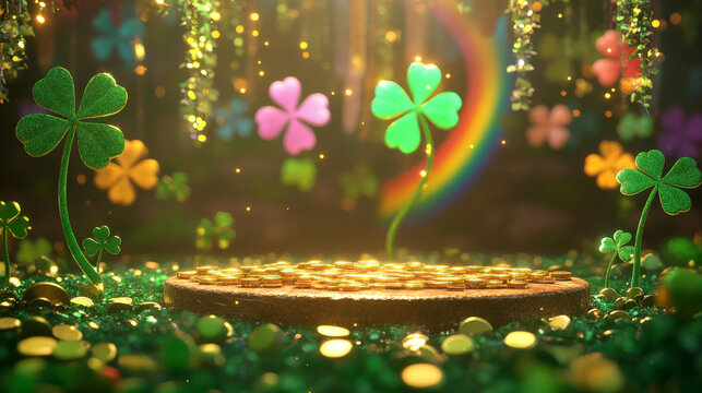 A podium surrounded by clover garlands, golden coins, and rainbow elements, set in a vibrant Irish-themed scene for Saint Patrickâ€™s Day.