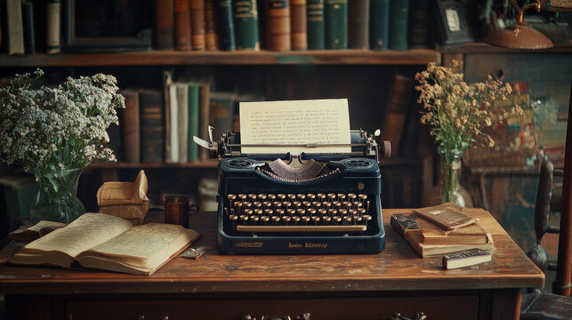 A podium with a vintage typewriter, old books, and handwritten notes, creating a nostalgic scene for Book Lovers Day.