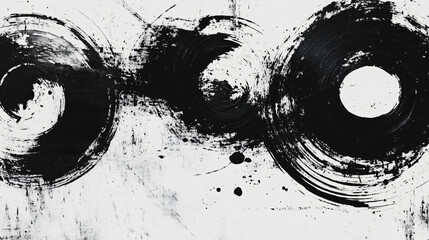 an abstract collection of grunge brush strokes and circles created in black ink, conveying a sense of raw emotion and creative spontaneity in a minimalist style.