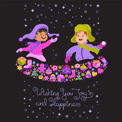 Cute children with Christmas decorations. Handwritten text. Vector flat illustration.