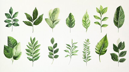 a variety of hand-drawn green leaf botanical illustrations, neatly ordered in rows