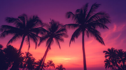 Obraz premium A smooth gradient tropical sunset, transitioning from fiery orange to deep purple. The silhouette of palm trees sways gently in the breeze.