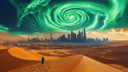 Expansive View of Saudi Arabian Landscape with Mosaic of Different Terrains Under Unified Green Sky on Saudi Arabia National Day.