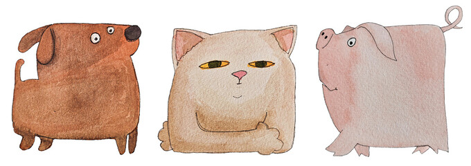 Little adorable trio of a dog, a cat and a pig as an hand-drawn illustration for children and adults on a transparent background 